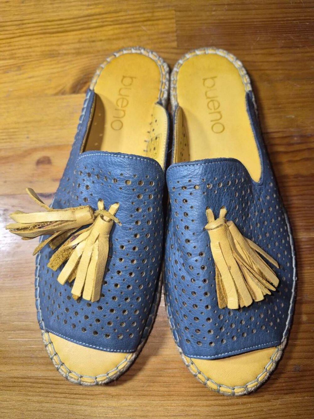 Bueno Navar Leather Espadrille Mules / Slides – Blue & Yellow – Size 40 /9-9.5